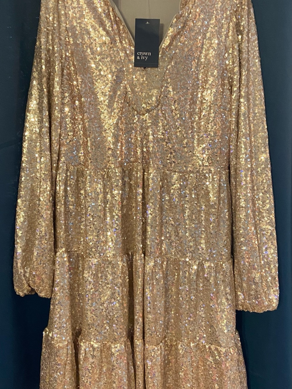 Crown & Ivy Women’s' Shimmering Gold Sequin Tiered Dress